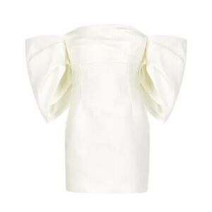 Petal + Pup Nisha Strapless Mini Ivory Satin Cocktail Dress with Puff Sleeves